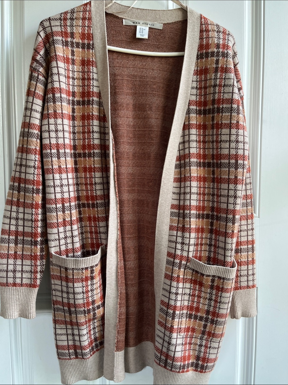 Max Studio Open-Front Plaid Cardigan in Rust, Tan & Cream